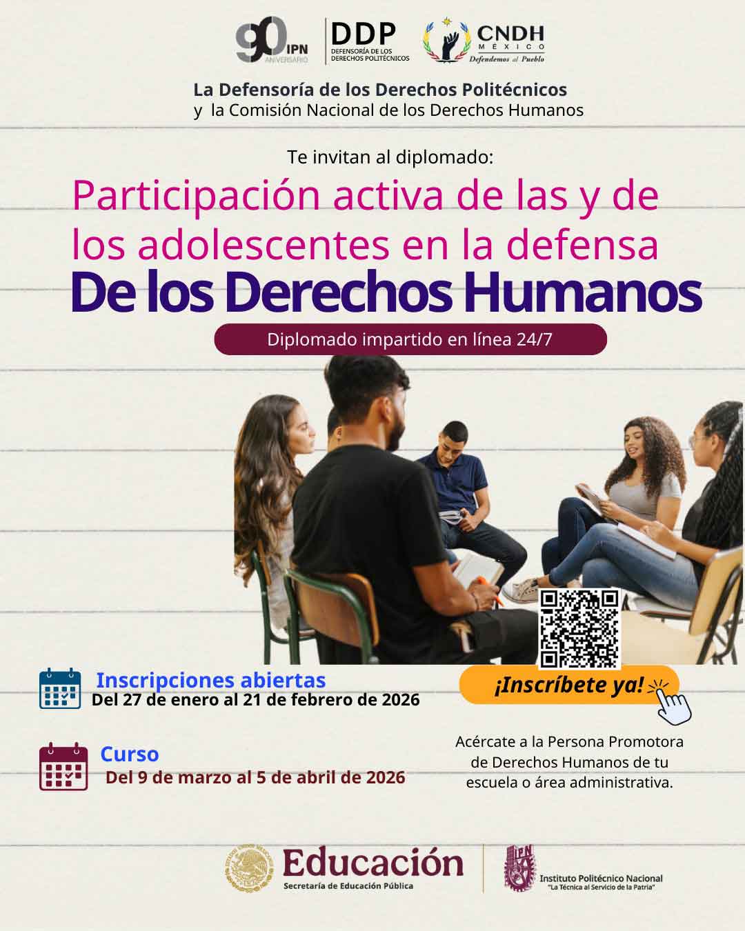 Diplomado Participación activa de las y los adolescentes en la defensa de los derechos humanos